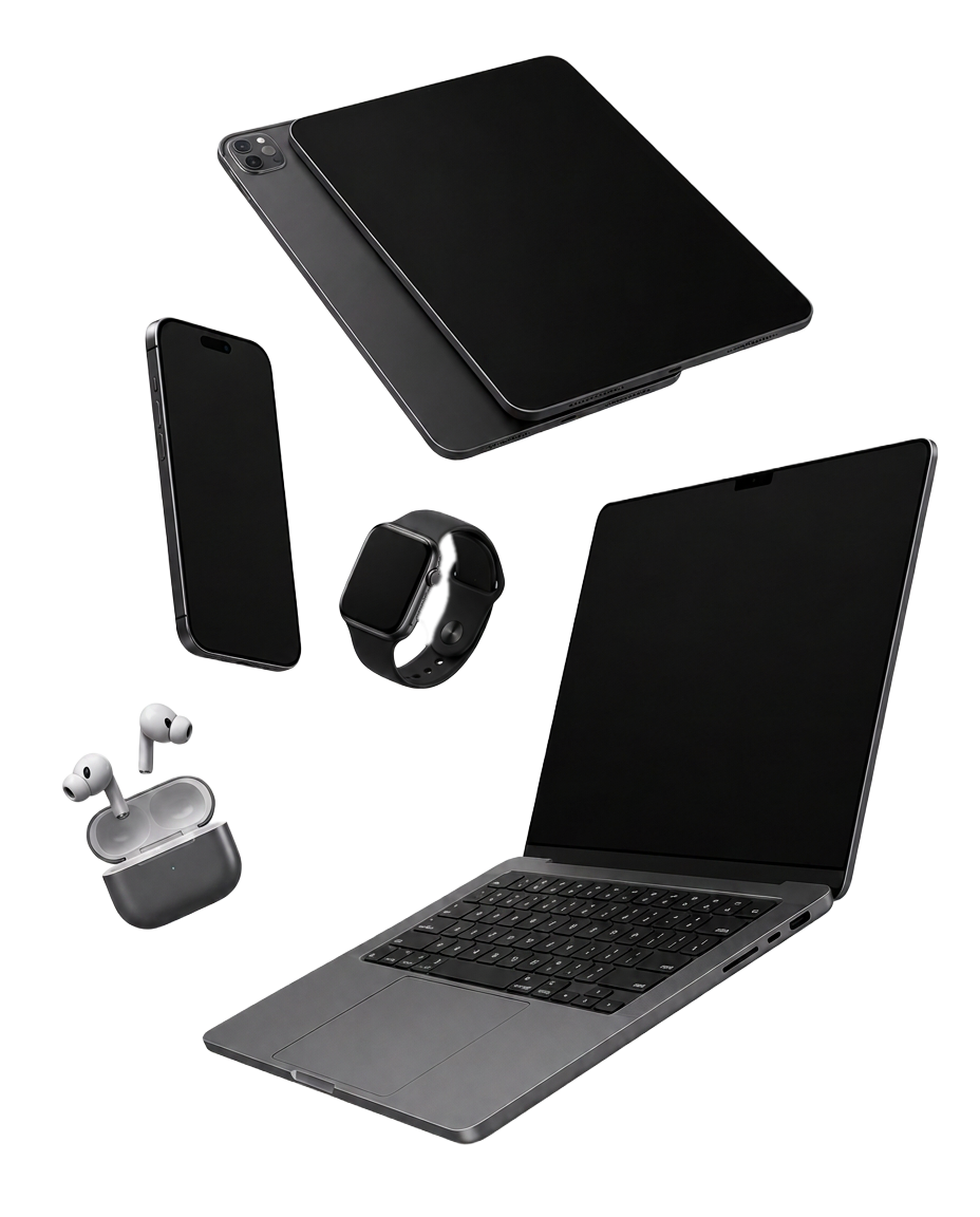 Composição com iPhone, iPad, MacBook, Apple Watch e AirPods